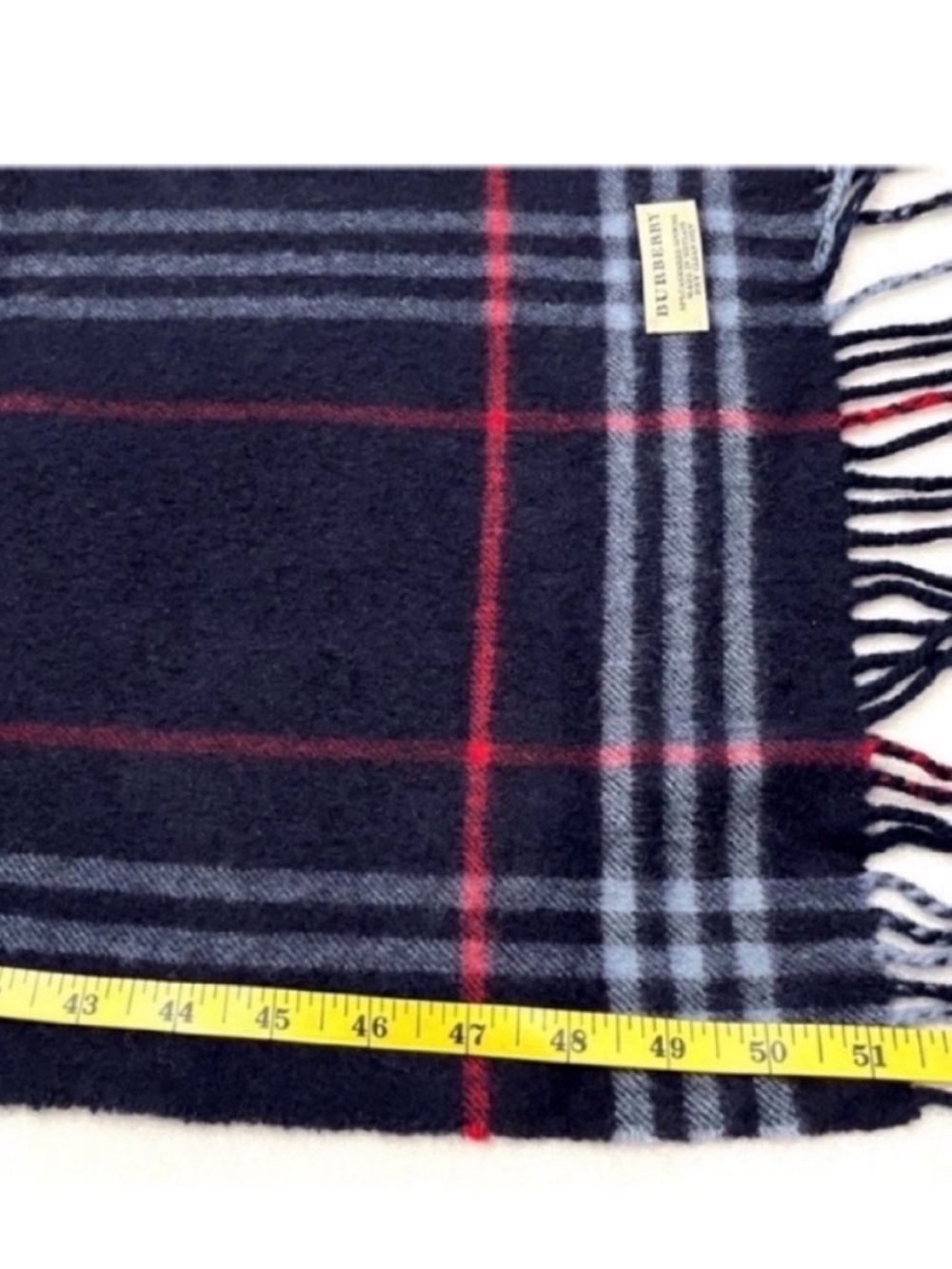 Burberry Cashmere Navy Plaid Fringe Scarf with Red Accent
One Size - Picture 5 of 5